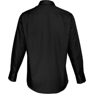 A black long sleeve button-up shirt featuring a standard collar and cuffs, with a logo on the back.