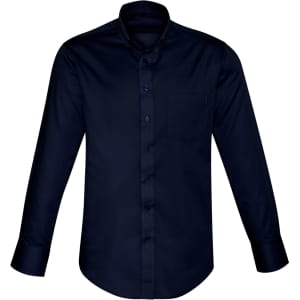 A navy long-sleeve button-up shirt featuring a chest pocket and a classic collar. It has a logo on the front.