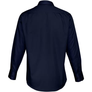 A navy blue long sleeve button-up shirt featuring a back view design, complete with a collar and buttons.