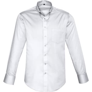 A white long sleeve button-up shirt with a single chest pocket and a collar, featuring a logo.