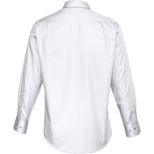 A white long sleeve button-up shirt featuring a smooth fabric and a simple design. It has a logo on the back.