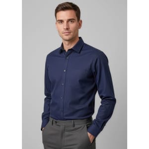 A men's long sleeve button-up shirt in navy blue, featuring a smooth fabric and a logo.