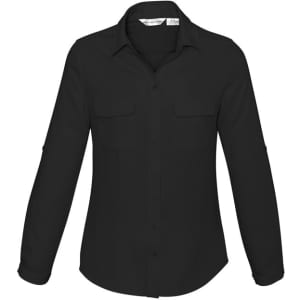A black long sleeve shirt featuring button-up front, two chest pockets, and roll-up sleeve option.