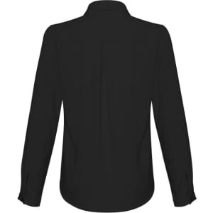 A black long sleeve button-up shirt with a collar and a plain back. Features include a subtle logo.