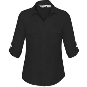 A black women's long sleeve button-up shirt featuring two chest pockets and rolled sleeves.
