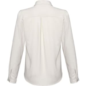 A long-sleeve women's button-up shirt in cream colour, featuring a back pleat and roll-up cuffs. The shirt has a logo.