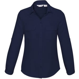 A women's long sleeve button-up shirt in navy blue with two chest pockets and roll-up sleeves.