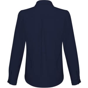 A navy blue women's button-up shirt with long sleeves and a collar, featuring a back pleat design.