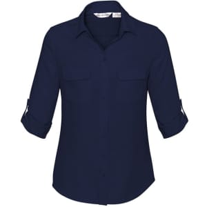 A navy blue women's button-up shirt featuring a collared neckline and roll-up sleeves. It has two chest pockets and branding.