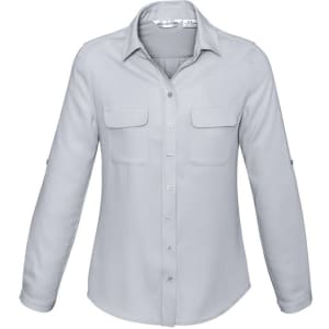 A light grey women's long sleeve button-up shirt with two chest pockets and roll-up sleeve tabs.