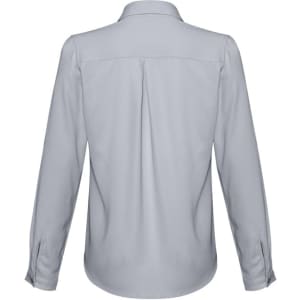 A long-sleeve button-up shirt in light grey with a collar and button details on the sleeves. Features a back pleat and branding.