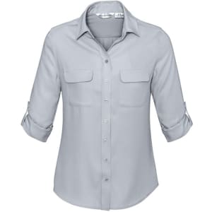 A light grey women's button-up long sleeve shirt with two chest pockets and rolled-up sleeves.
