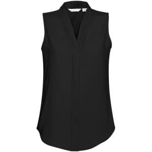 A sleeveless women's top in black, featuring a v-neck design and a flowy silhouette. It includes a logo.