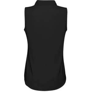 A black sleeveless top with a collar, featuring a smooth design and a logo on the back.