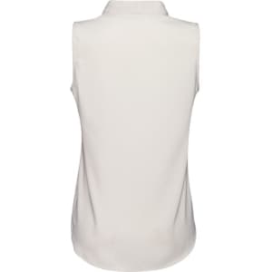 A white sleeveless top with a collar and a smooth back design. It features a small logo.