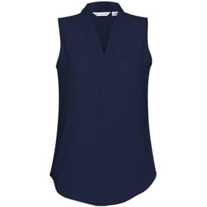 A sleeveless women's top in navy blue with a classic collar and a slightly curved hem. Features a logo.