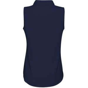 A sleeveless top in navy blue, featuring a high collar and a smooth fabric. Includes a logo on the back.