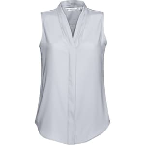 A light grey sleeveless top with a v-neck design and a logo on the label.