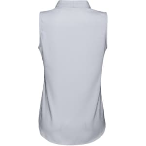 A sleeveless women's top in light grey with a collar, featuring a smooth fabric and a branding logo.