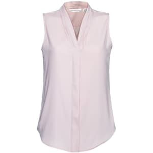 A light pink sleeveless top with a v-neck and a subtle draped design. It features a brand logo.