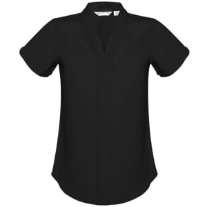 A black women's short sleeve button-up shirt with a v-neck and rolled sleeves, featuring a logo.