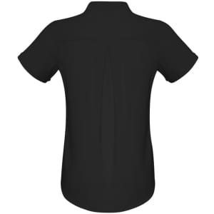 A black women's button-up shirt with a short sleeve design and a pleat detail at the back.