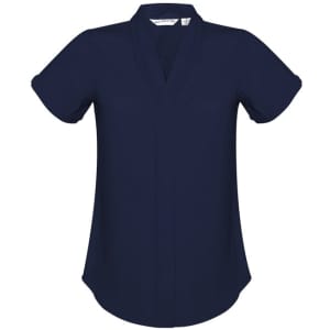 A navy blue women's button-up shirt with short sleeves and a v-neck design. It features a logo.