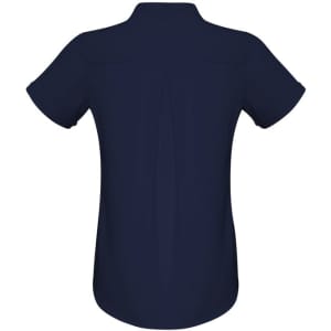A navy blue women's button-up shirt featuring short sleeves and a back pleat. Includes a logo detail.