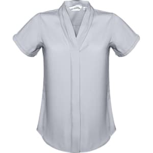 A light grey women's short sleeve button-up shirt with a stylish collar and subtle branding.