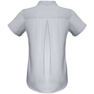 A women's button-up shirt in light grey with short sleeves and a pleat detail at the back. It features a logo.