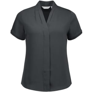 A short-sleeve women's button-up shirt in dark grey with a sleek collar and a logo.