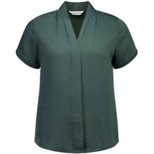 A short sleeve button-up shirt in a deep green colour with a relaxed collar and subtle pleat detailing.