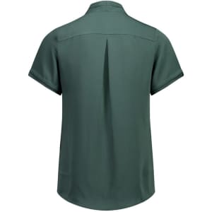 A green women's button-up shirt featuring short sleeves and a back pleat design. It has a logo on the label.
