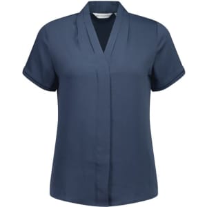 A navy blue short sleeve button-up women's shirt with a v-neck design and a subtle logo.