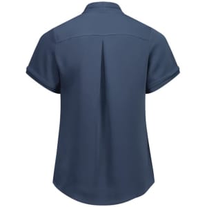 A short-sleeve women's button-up shirt in navy blue, featuring a back pleat and a collar. It has a logo on the fabric.