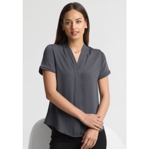 A short sleeve button-up shirt in a dark grey colour, featuring a v-neck design and a subtle logo.