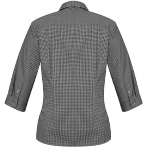 A women's 3/4 sleeve button-up shirt in a black and white check pattern, featuring a collar and rolled sleeves.