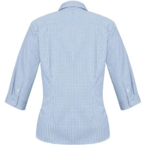 A blue check-patterned women's button-up shirt with 3/4 sleeves and a collar, featuring a logo.