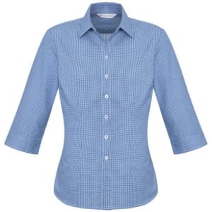 A blue and white checked women's button-up shirt with 3/4 sleeves and a collar, featuring a logo.