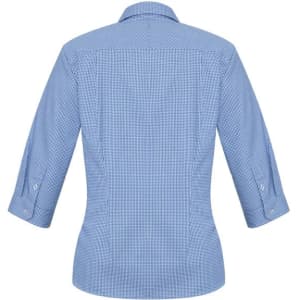 A women's 3/4 sleeve button-up shirt in blue with a checkered pattern and a back view showcasing the design.