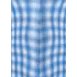 A blue and white checked women's button-up shirt with 3/4 sleeves and a logo.