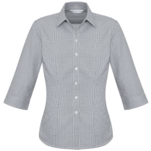 A button-up women's shirt in a grey and white gingham pattern with 3/4 sleeves and a collar.