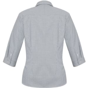 A women's 3/4 sleeve button-up shirt in a classic checked pattern, featuring a fitted silhouette and a collar.