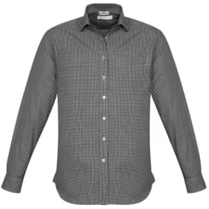 A long sleeve button-up shirt in a dark grey and white striped pattern, featuring a single chest pocket and a logo.