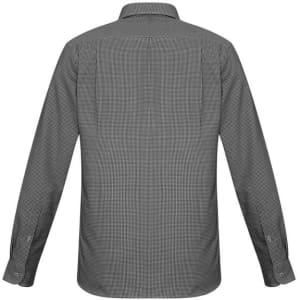 A long sleeve button-up shirt featuring a black and white striped pattern, with a collar and button cuffs.