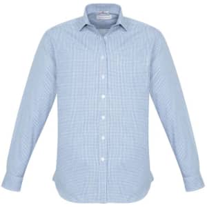 A light blue, striped long sleeve button-up shirt with a collar and a logo.
