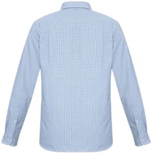 A long sleeve button-up shirt in light blue with a striped pattern and a back view. It features a collar and has a logo.