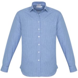 A blue and white striped long sleeve button-up shirt with a pocket and a logo.