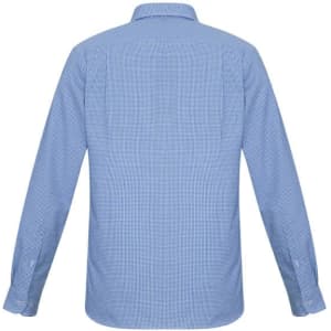 A long sleeve blue and white striped button-up shirt with a collar and cuffs, featuring a brand logo.