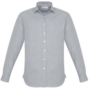 A long sleeve button-up shirt in a grey and white striped pattern, featuring a collar and buttons.